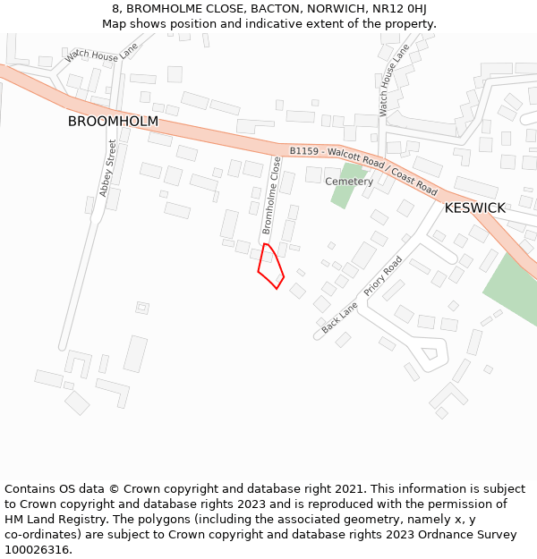 8, BROMHOLME CLOSE, BACTON, NORWICH, NR12 0HJ: Location map and indicative extent of plot