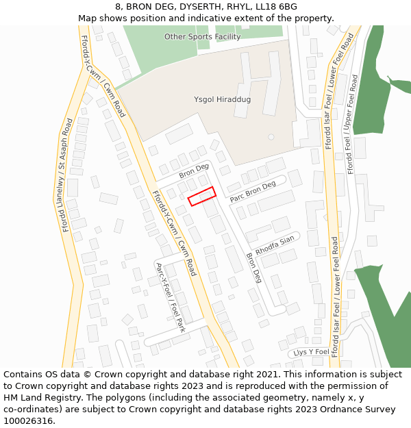 8, BRON DEG, DYSERTH, RHYL, LL18 6BG: Location map and indicative extent of plot