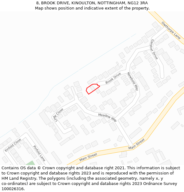 8, BROOK DRIVE, KINOULTON, NOTTINGHAM, NG12 3RA: Location map and indicative extent of plot