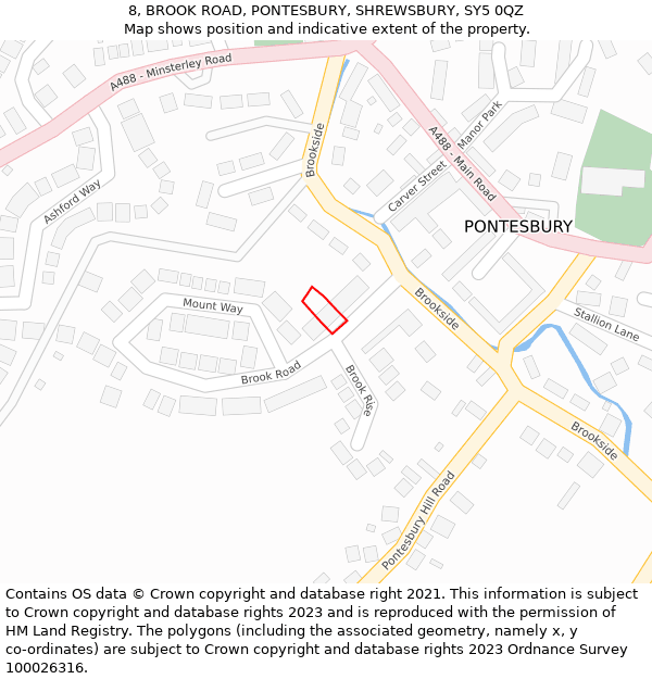 8, BROOK ROAD, PONTESBURY, SHREWSBURY, SY5 0QZ: Location map and indicative extent of plot