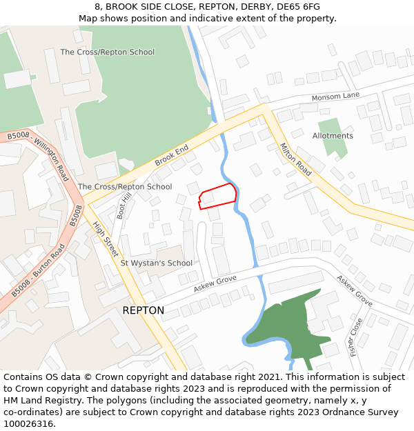 8, BROOK SIDE CLOSE, REPTON, DERBY, DE65 6FG: Location map and indicative extent of plot