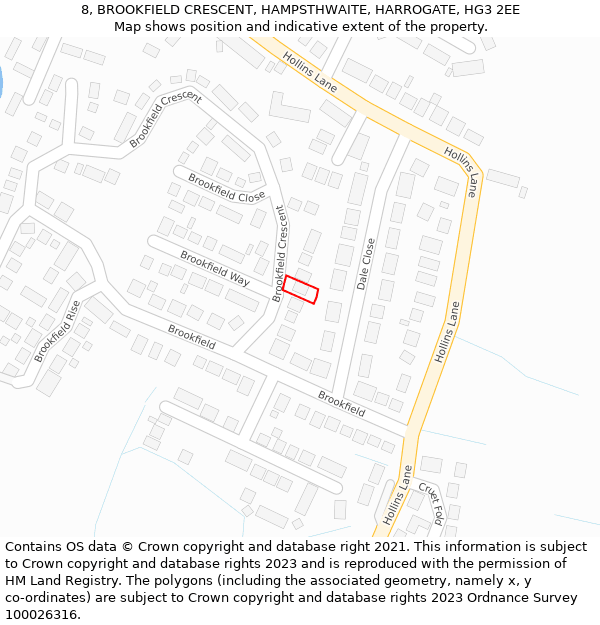 8, BROOKFIELD CRESCENT, HAMPSTHWAITE, HARROGATE, HG3 2EE: Location map and indicative extent of plot