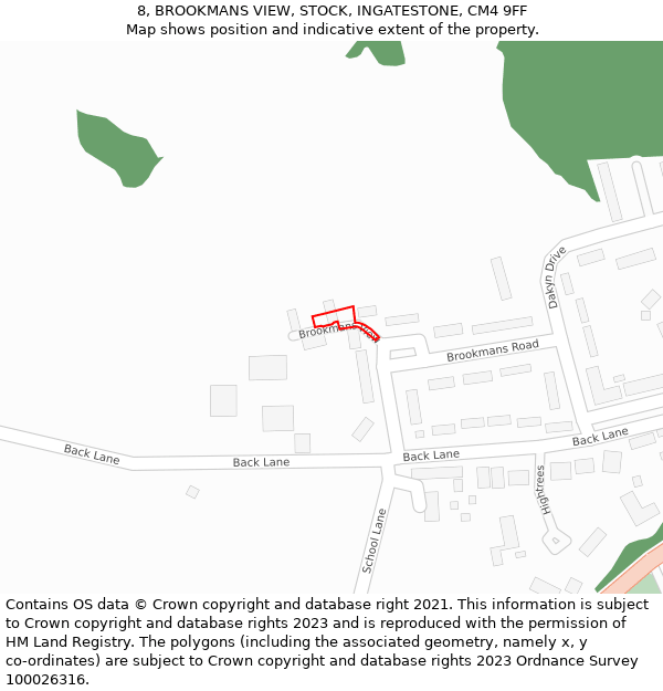 8, BROOKMANS VIEW, STOCK, INGATESTONE, CM4 9FF: Location map and indicative extent of plot