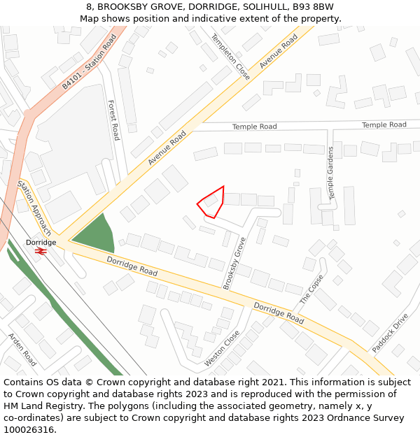 8, BROOKSBY GROVE, DORRIDGE, SOLIHULL, B93 8BW: Location map and indicative extent of plot