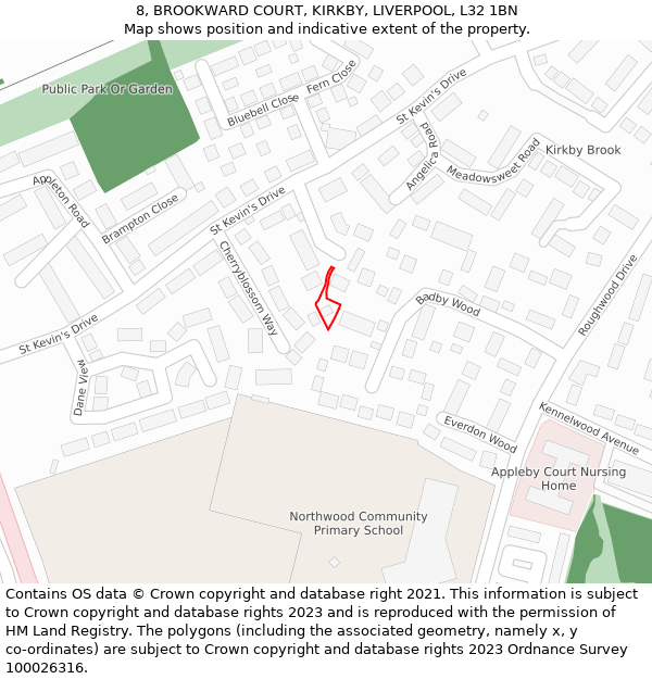 8, BROOKWARD COURT, KIRKBY, LIVERPOOL, L32 1BN: Location map and indicative extent of plot