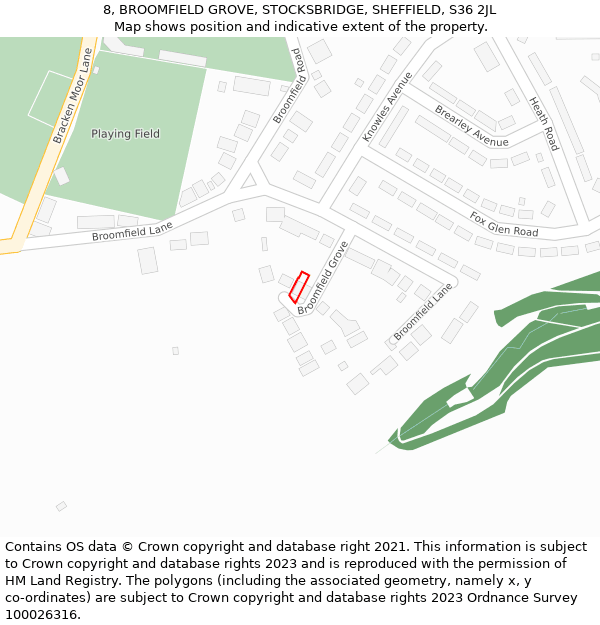 8, BROOMFIELD GROVE, STOCKSBRIDGE, SHEFFIELD, S36 2JL: Location map and indicative extent of plot