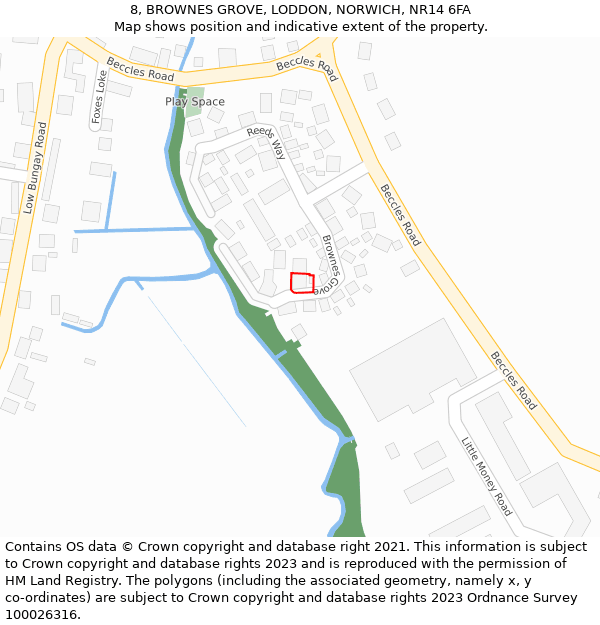 8, BROWNES GROVE, LODDON, NORWICH, NR14 6FA: Location map and indicative extent of plot