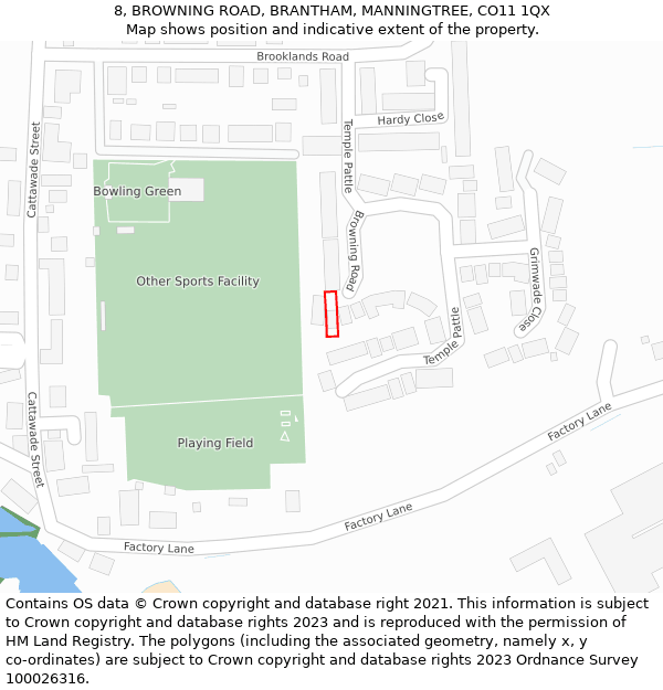 8, BROWNING ROAD, BRANTHAM, MANNINGTREE, CO11 1QX: Location map and indicative extent of plot