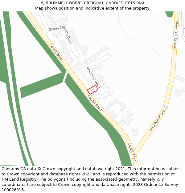 8, BRUMMELL DRIVE, CREIGIAU, CARDIFF, CF15 9NX: Location map and indicative extent of plot