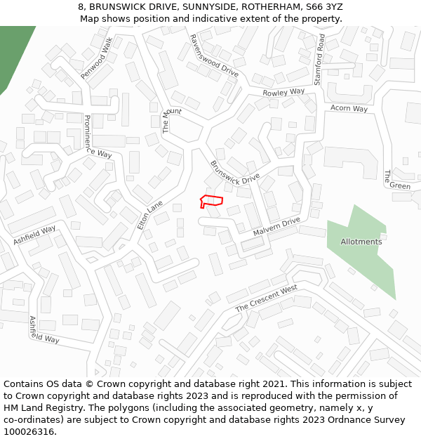 8, BRUNSWICK DRIVE, SUNNYSIDE, ROTHERHAM, S66 3YZ: Location map and indicative extent of plot