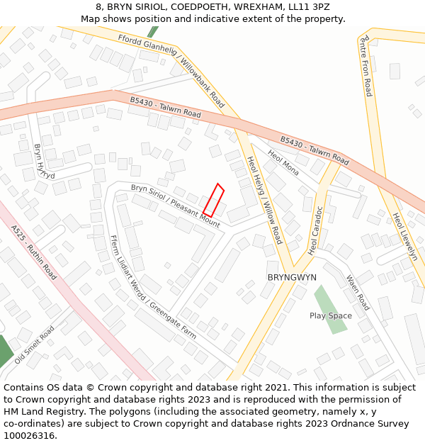 8, BRYN SIRIOL, COEDPOETH, WREXHAM, LL11 3PZ: Location map and indicative extent of plot