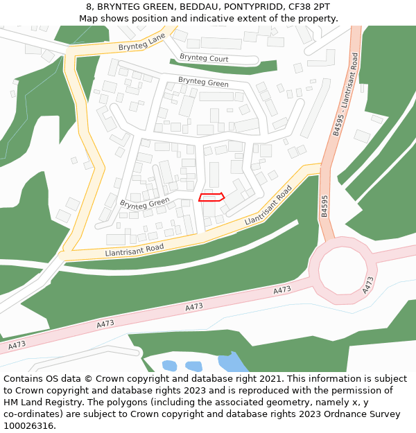 8, BRYNTEG GREEN, BEDDAU, PONTYPRIDD, CF38 2PT: Location map and indicative extent of plot