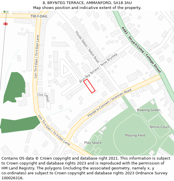 8, BRYNTEG TERRACE, AMMANFORD, SA18 3AU: Location map and indicative extent of plot