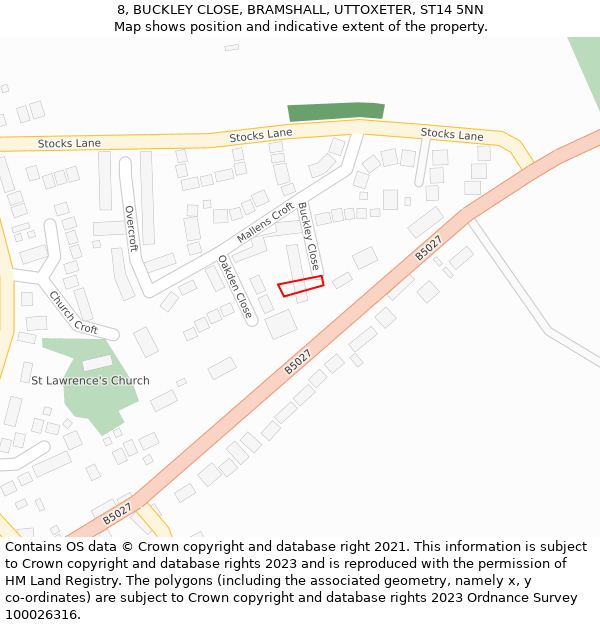 8, BUCKLEY CLOSE, BRAMSHALL, UTTOXETER, ST14 5NN: Location map and indicative extent of plot