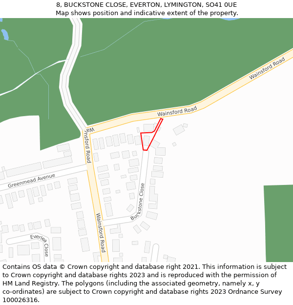 8, BUCKSTONE CLOSE, EVERTON, LYMINGTON, SO41 0UE: Location map and indicative extent of plot