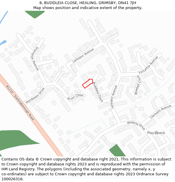 8, BUDDLEIA CLOSE, HEALING, GRIMSBY, DN41 7JH: Location map and indicative extent of plot