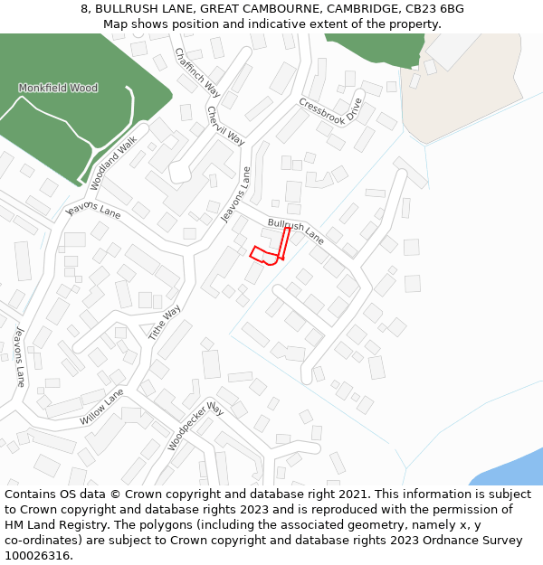 8, BULLRUSH LANE, GREAT CAMBOURNE, CAMBRIDGE, CB23 6BG: Location map and indicative extent of plot