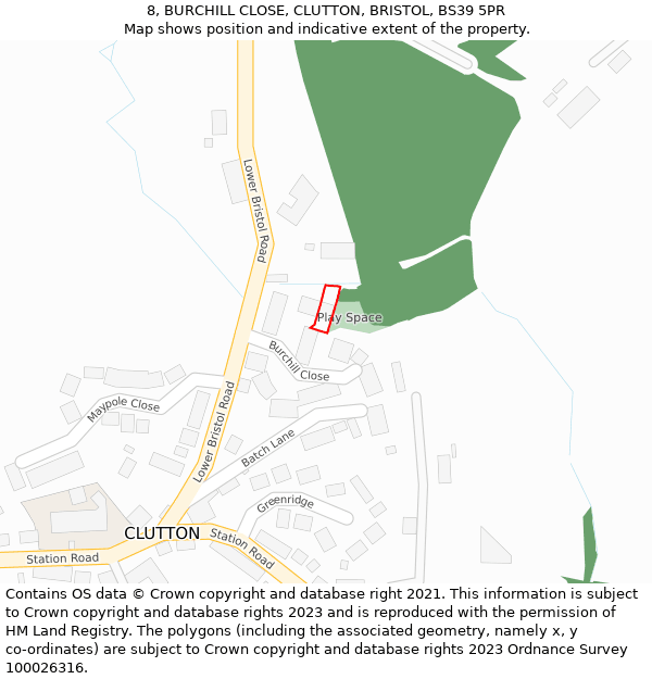 8, BURCHILL CLOSE, CLUTTON, BRISTOL, BS39 5PR: Location map and indicative extent of plot