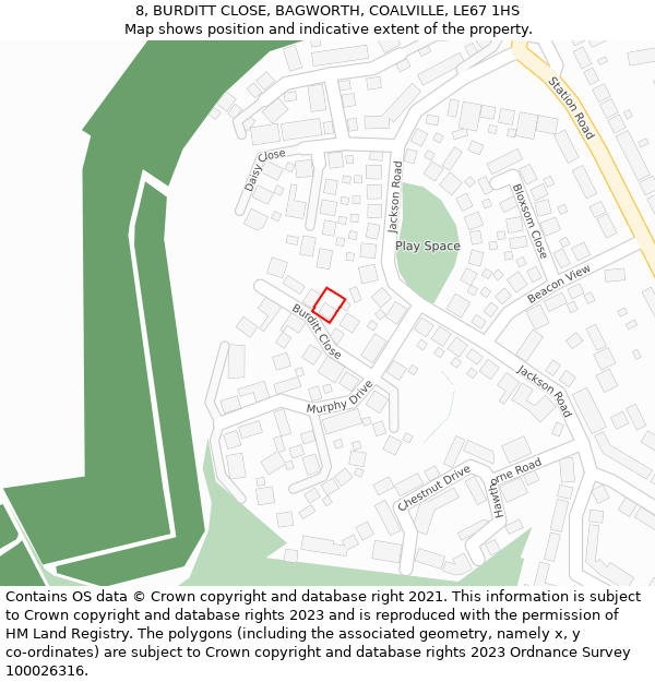 8, BURDITT CLOSE, BAGWORTH, COALVILLE, LE67 1HS: Location map and indicative extent of plot