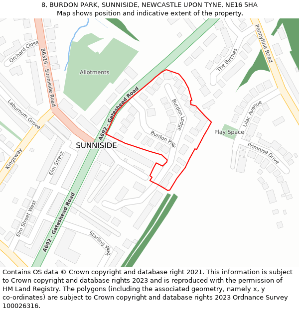 8, BURDON PARK, SUNNISIDE, NEWCASTLE UPON TYNE, NE16 5HA: Location map and indicative extent of plot