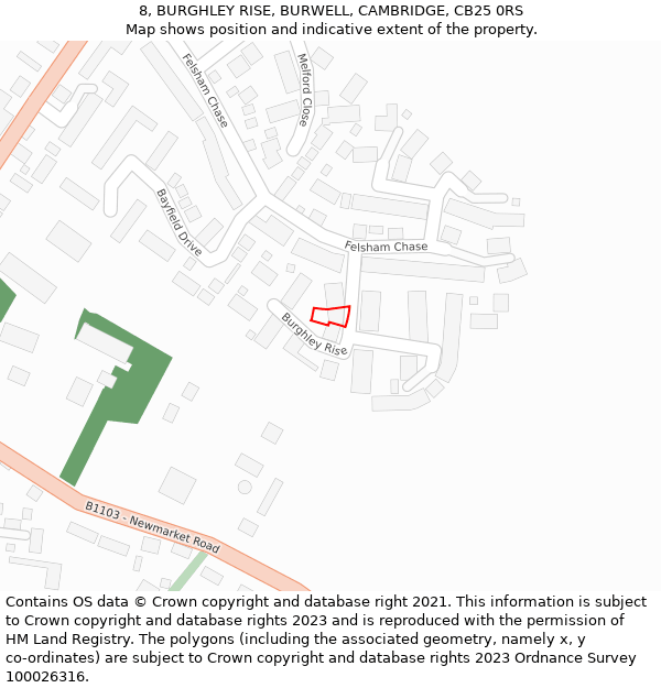 8, BURGHLEY RISE, BURWELL, CAMBRIDGE, CB25 0RS: Location map and indicative extent of plot