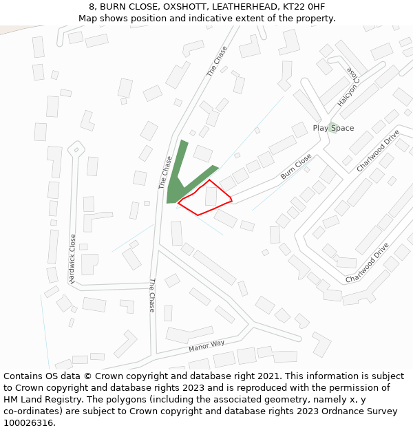 8, BURN CLOSE, OXSHOTT, LEATHERHEAD, KT22 0HF: Location map and indicative extent of plot