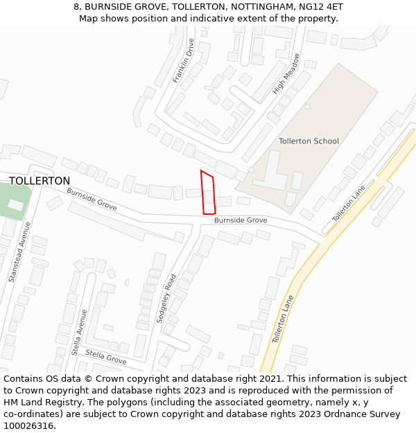 8, BURNSIDE GROVE, TOLLERTON, NOTTINGHAM, NG12 4ET: Location map and indicative extent of plot