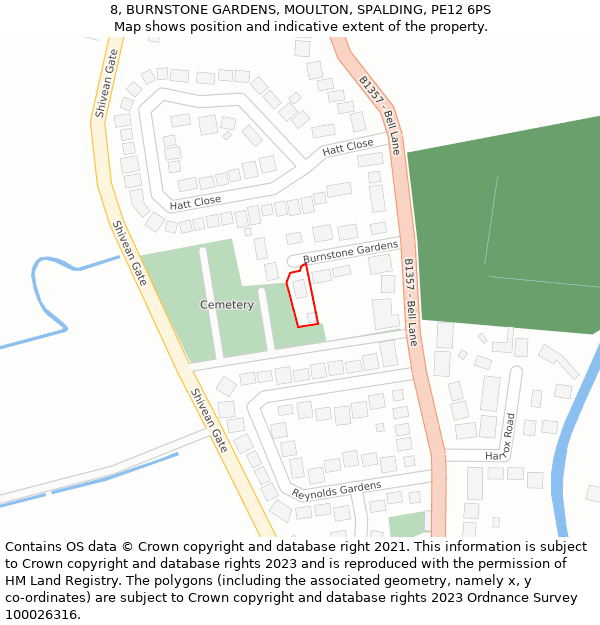 8, BURNSTONE GARDENS, MOULTON, SPALDING, PE12 6PS: Location map and indicative extent of plot