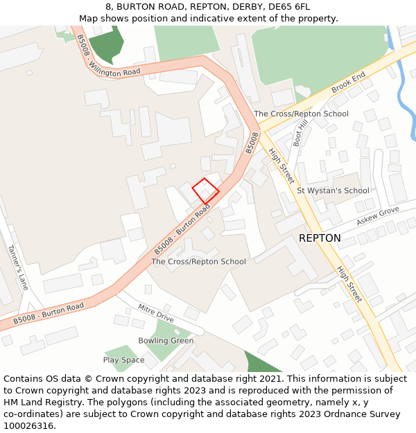 8, BURTON ROAD, REPTON, DERBY, DE65 6FL: Location map and indicative extent of plot