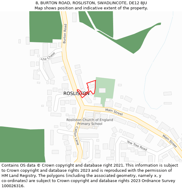 8, BURTON ROAD, ROSLISTON, SWADLINCOTE, DE12 8JU: Location map and indicative extent of plot