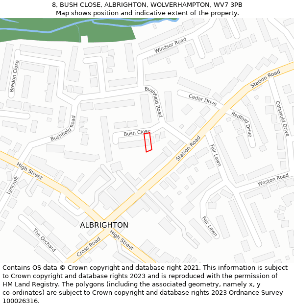 8, BUSH CLOSE, ALBRIGHTON, WOLVERHAMPTON, WV7 3PB: Location map and indicative extent of plot