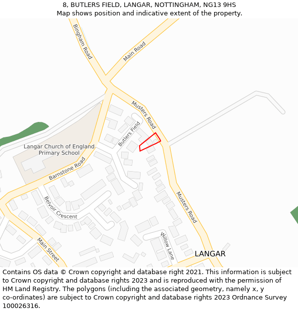 8, BUTLERS FIELD, LANGAR, NOTTINGHAM, NG13 9HS: Location map and indicative extent of plot