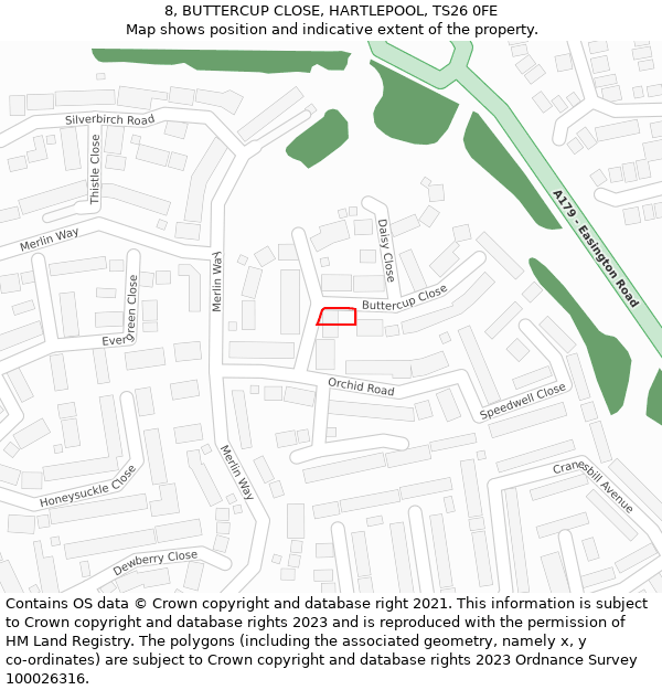 8, BUTTERCUP CLOSE, HARTLEPOOL, TS26 0FE: Location map and indicative extent of plot