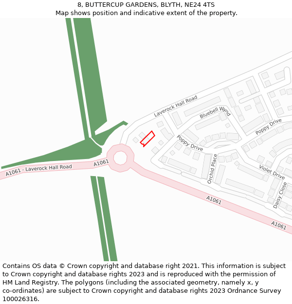 8, BUTTERCUP GARDENS, BLYTH, NE24 4TS: Location map and indicative extent of plot