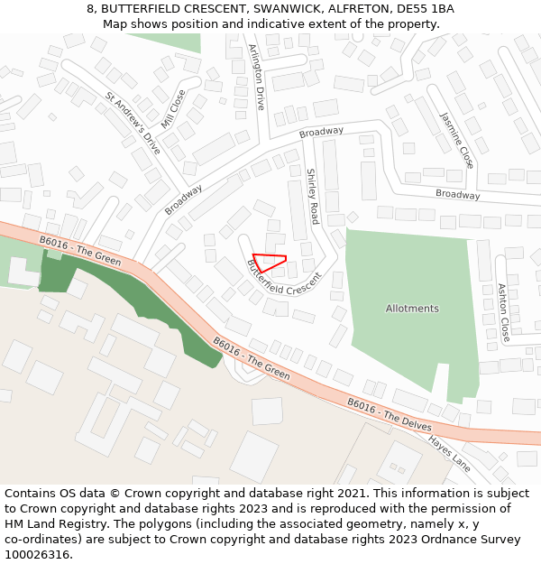 8, BUTTERFIELD CRESCENT, SWANWICK, ALFRETON, DE55 1BA: Location map and indicative extent of plot