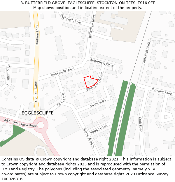 8, BUTTERFIELD GROVE, EAGLESCLIFFE, STOCKTON-ON-TEES, TS16 0EF: Location map and indicative extent of plot