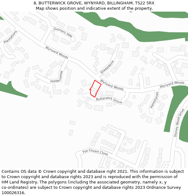 8, BUTTERWICK GROVE, WYNYARD, BILLINGHAM, TS22 5RX: Location map and indicative extent of plot