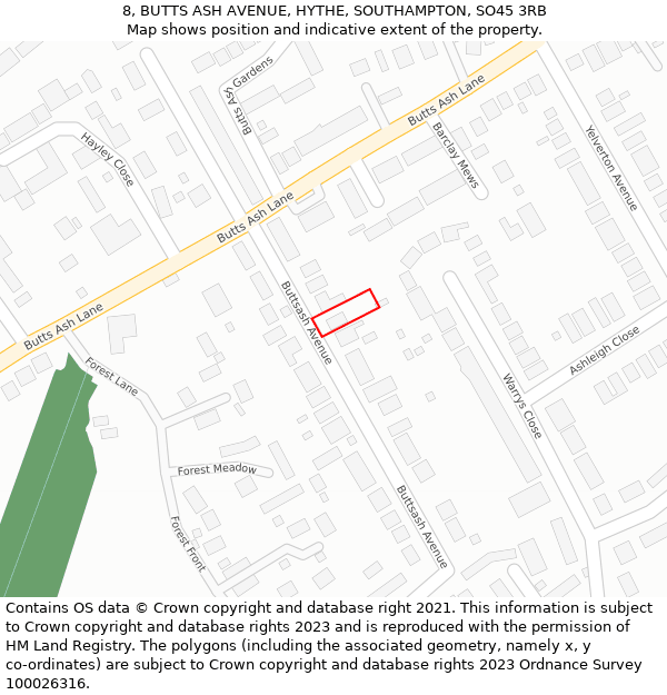 8, BUTTS ASH AVENUE, HYTHE, SOUTHAMPTON, SO45 3RB: Location map and indicative extent of plot