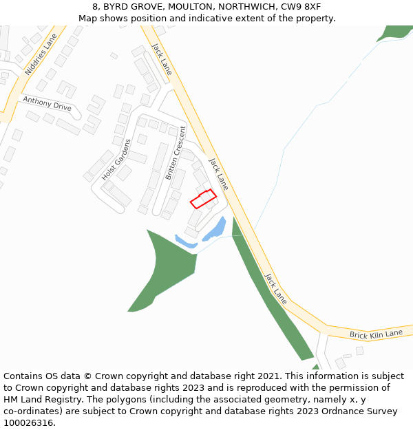 8, BYRD GROVE, MOULTON, NORTHWICH, CW9 8XF: Location map and indicative extent of plot