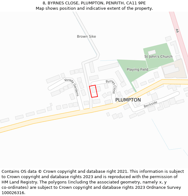 8, BYRNES CLOSE, PLUMPTON, PENRITH, CA11 9PE: Location map and indicative extent of plot