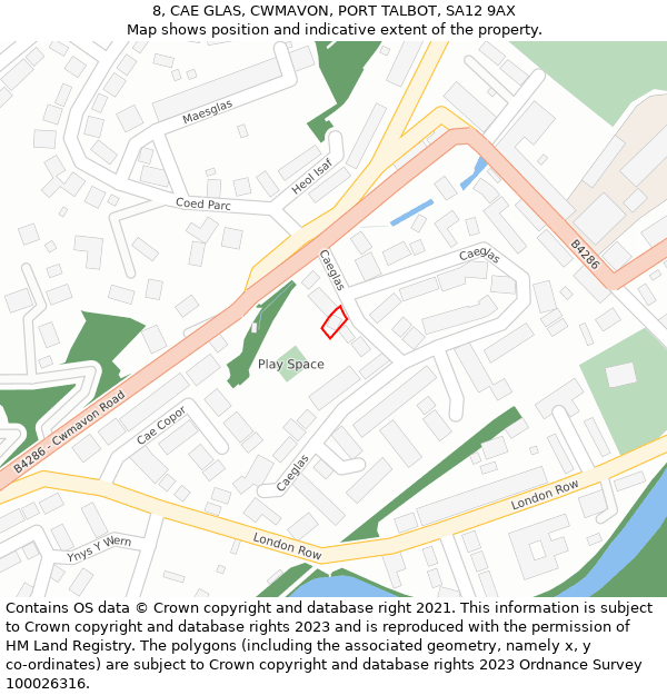 8, CAE GLAS, CWMAVON, PORT TALBOT, SA12 9AX: Location map and indicative extent of plot