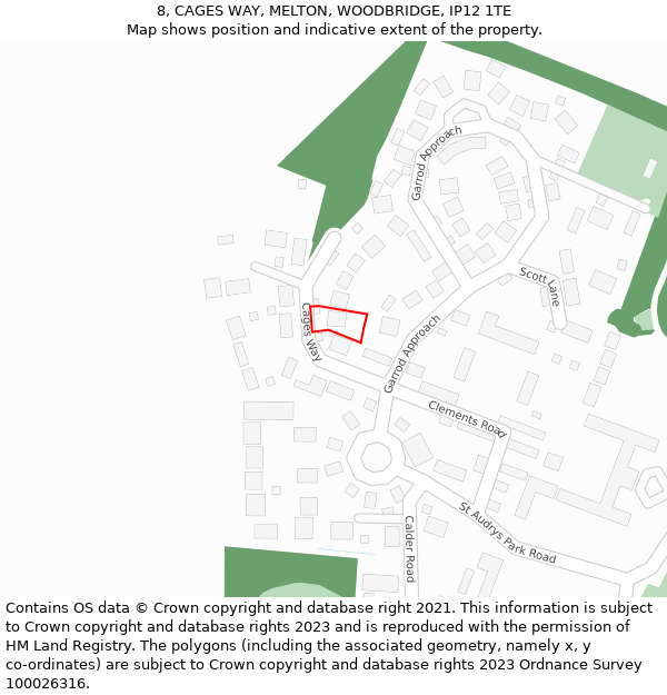 8, CAGES WAY, MELTON, WOODBRIDGE, IP12 1TE: Location map and indicative extent of plot