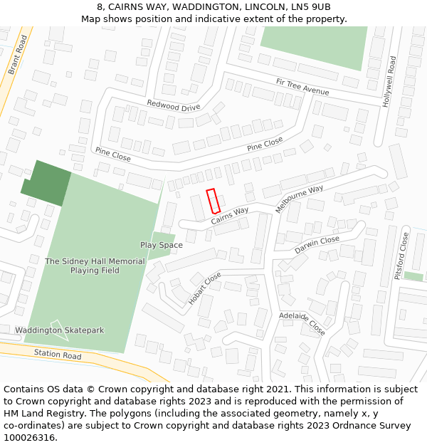 8, CAIRNS WAY, WADDINGTON, LINCOLN, LN5 9UB: Location map and indicative extent of plot