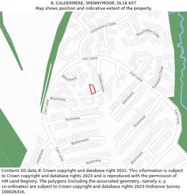 8, CALDERMERE, SPENNYMOOR, DL16 6XT: Location map and indicative extent of plot