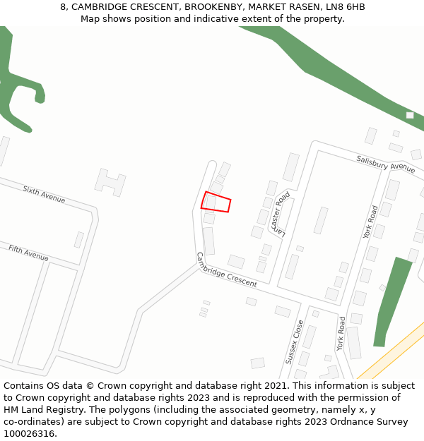 8, CAMBRIDGE CRESCENT, BROOKENBY, MARKET RASEN, LN8 6HB: Location map and indicative extent of plot