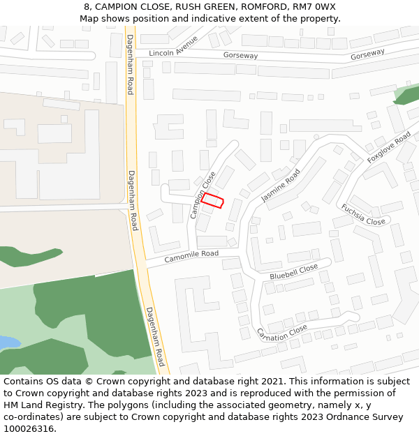 8, CAMPION CLOSE, RUSH GREEN, ROMFORD, RM7 0WX: Location map and indicative extent of plot