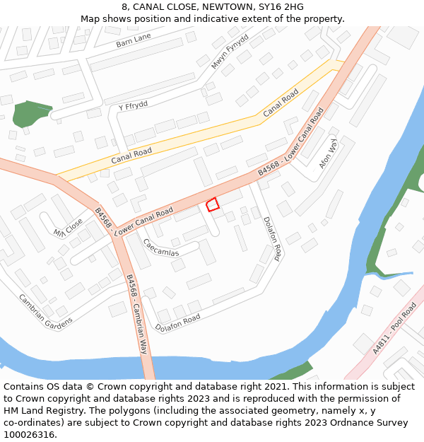 8, CANAL CLOSE, NEWTOWN, SY16 2HG: Location map and indicative extent of plot