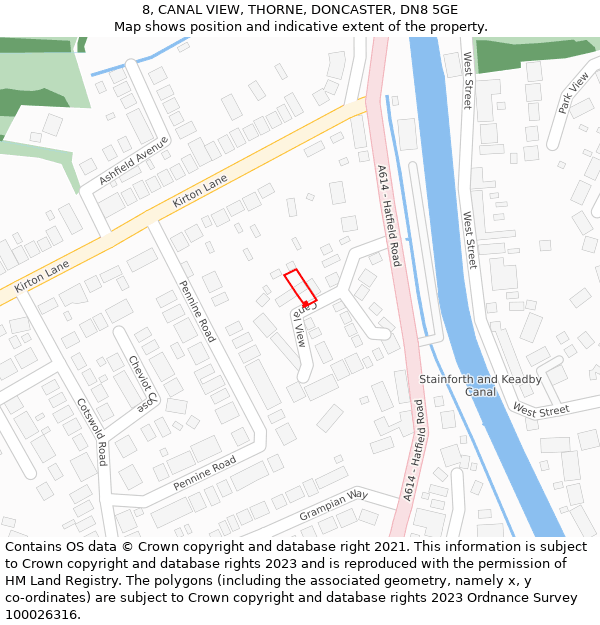 8, CANAL VIEW, THORNE, DONCASTER, DN8 5GE: Location map and indicative extent of plot