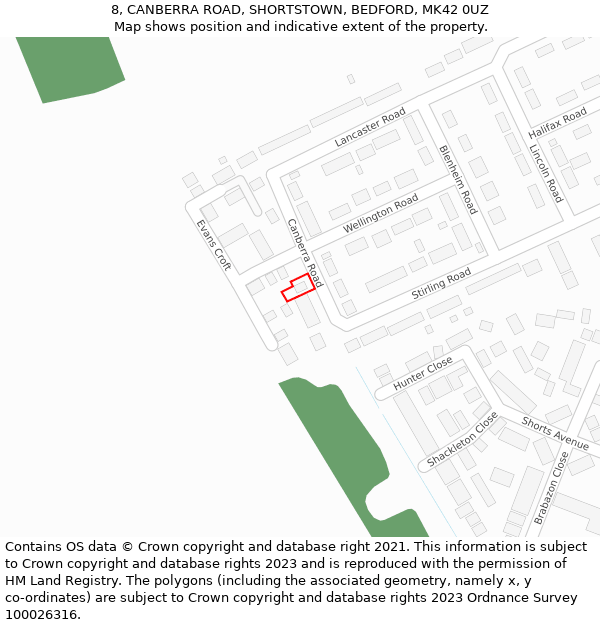 8, CANBERRA ROAD, SHORTSTOWN, BEDFORD, MK42 0UZ: Location map and indicative extent of plot