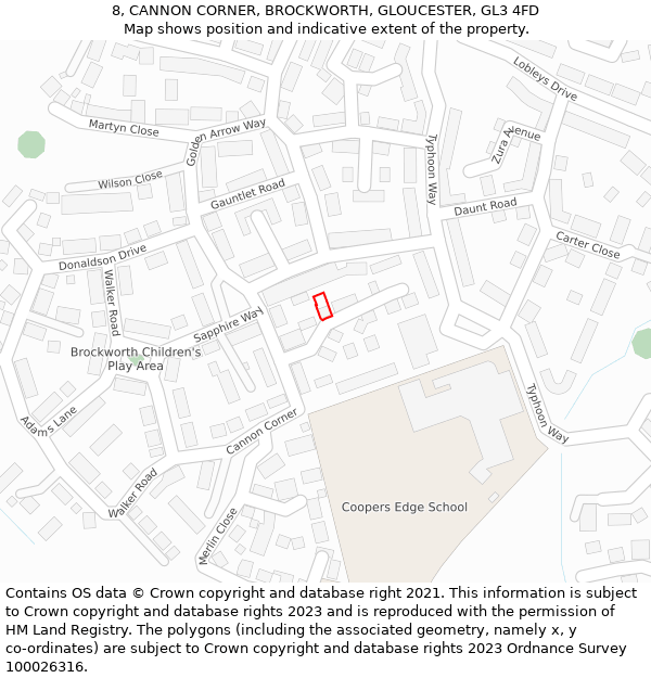 8, CANNON CORNER, BROCKWORTH, GLOUCESTER, GL3 4FD: Location map and indicative extent of plot